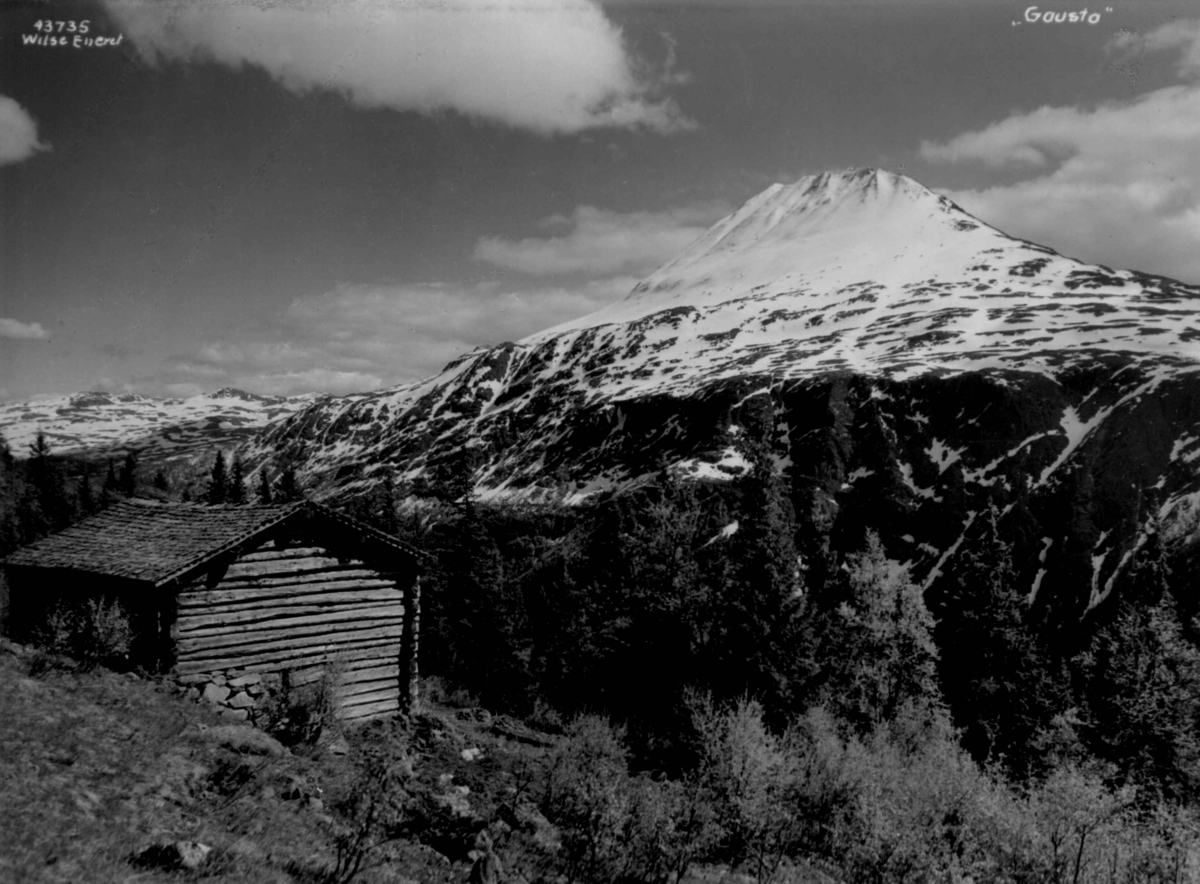 Anders Beer Wilse, Gaustatoppen med falleferdig bygning i forgrunnen. Snødekt fjell.