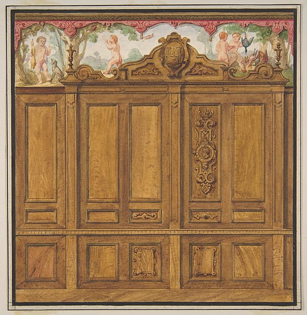 Jules-Edmond-Charles Lachaise, Design for the decoration of a room with a large wood-paneled cupboard surmounted by the monogram:  H