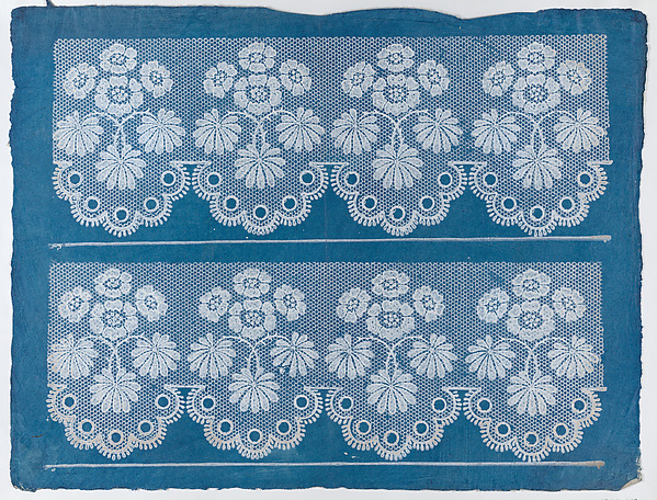 Anonymous, Blue sheet with two borders with a white floral and lace pattern