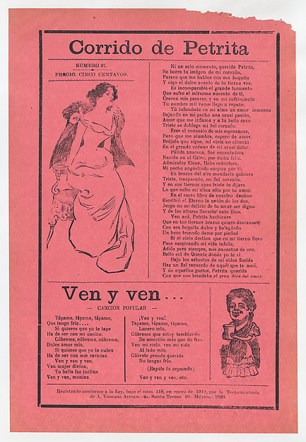José Guadalupe Posada, Broadsheet with two different love songs, woman wearing an evening gown sitting on the edge of her seat and another woman holding a cup