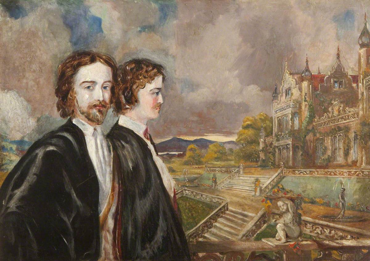 Rebecca Dulcibella Orpen, Edward Heneage Dering (1826-1892) and Marmion Edward Ferrers (1813-1884), in the grounds of a Victorian country house