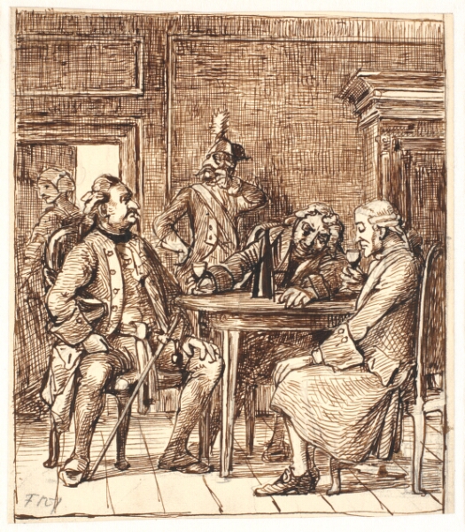 Wilhelm Marstrand, Scene af Barselsstuen. Corfitz drikker rhinskvin med officeren og Jens Olsen