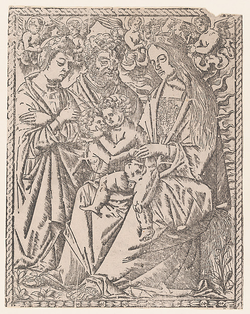 Anonymous, Italian, 16th century, Saint John the Baptist embracing the Christ Child who sits on the Virgin's knee, she is being crowned by angels, other saints at left