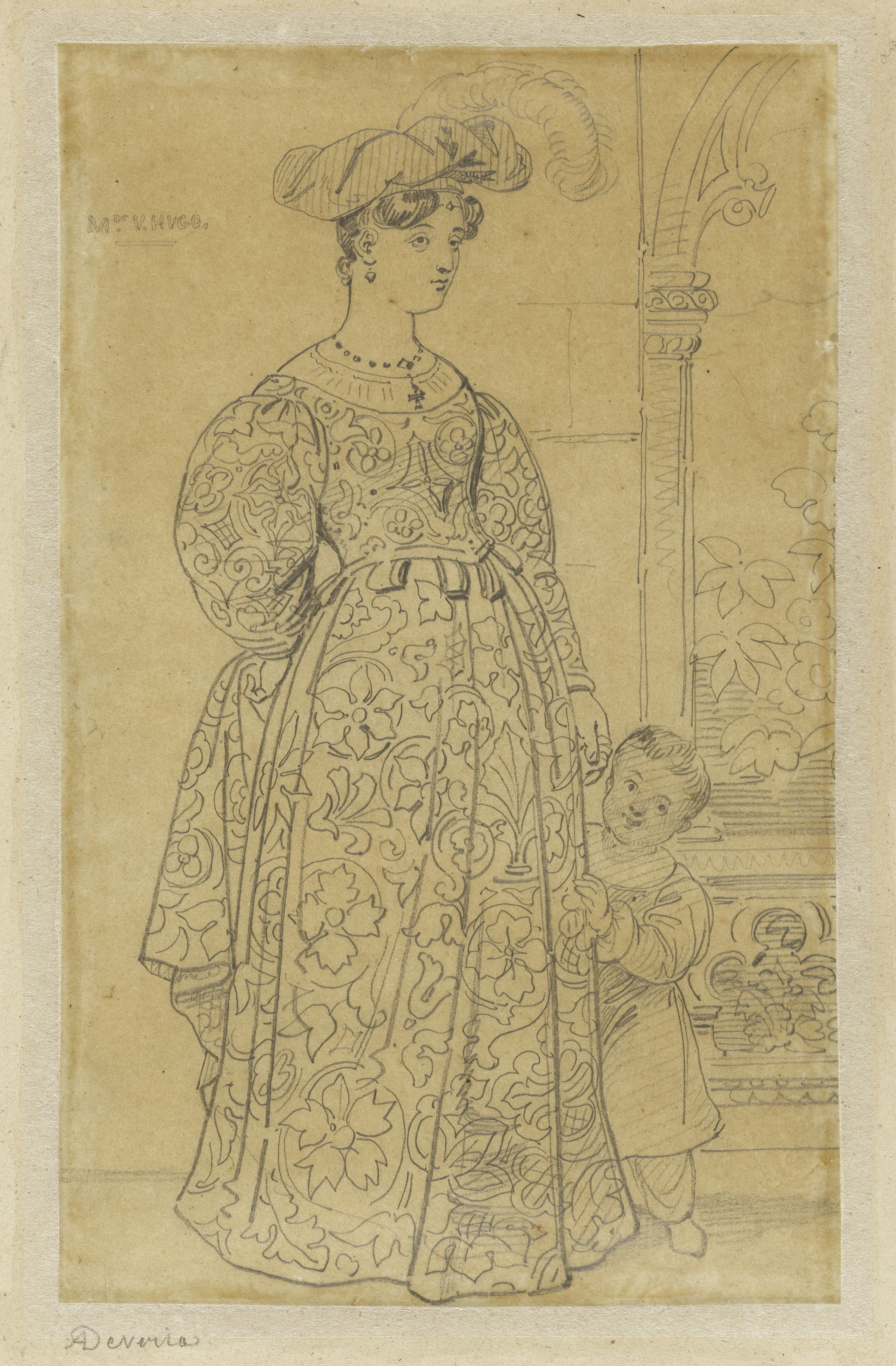 Achille Devéria, Mme Victor Hugo debout, vêtue d'une robe à ramages, tenant par la main son fils Charles