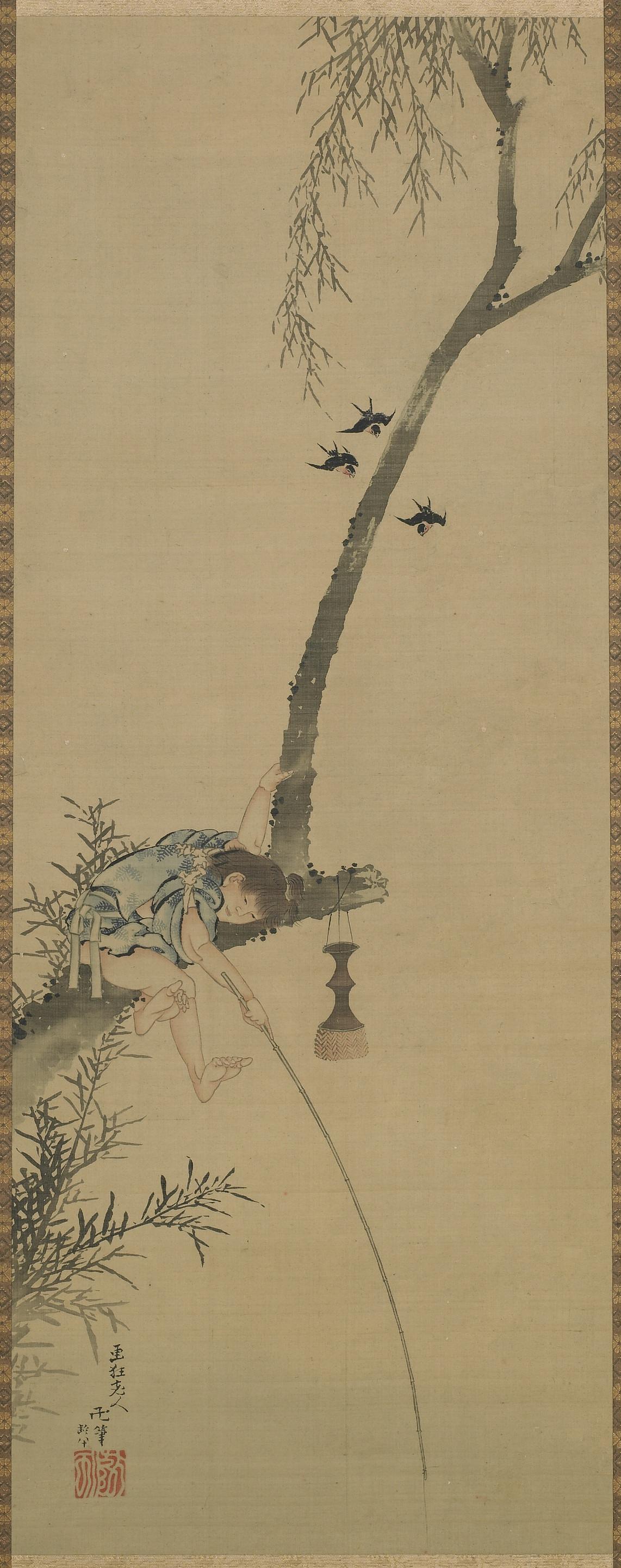 Katsushika Hokusai, Boy fishing from the limb of a tree