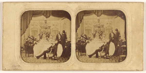 Unknown, [Social gathering, man at end of table passed out from drinking]