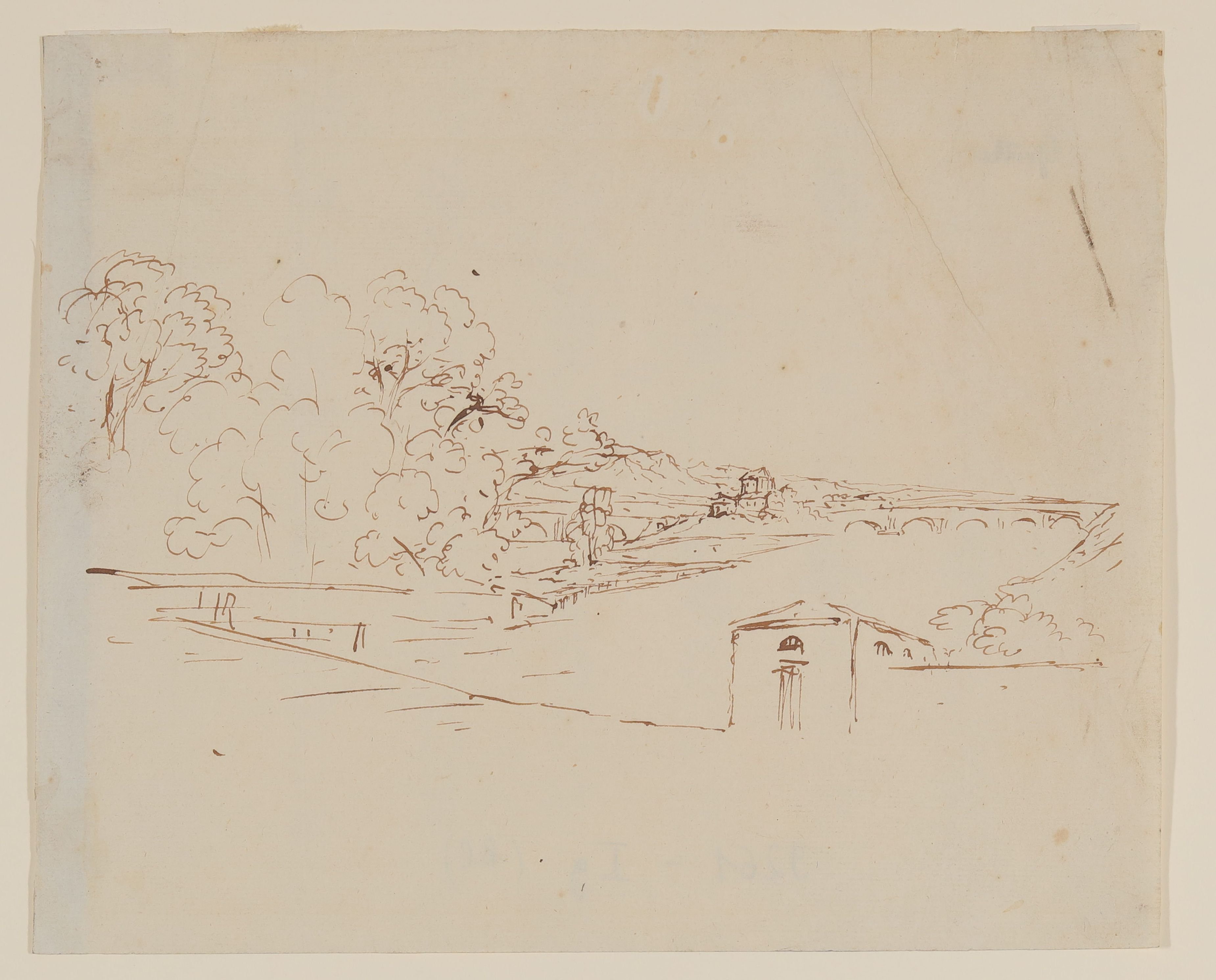 Johann Wolfgang von Goethe, Flusslandschaft mit bebauter Insel und Brücke