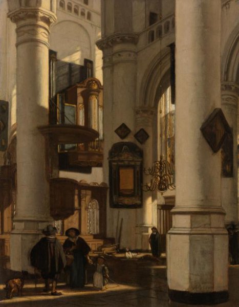 Emanuel de Witte, Interieur van een protestantse, gotische kerk, met een grafdelver in het koor