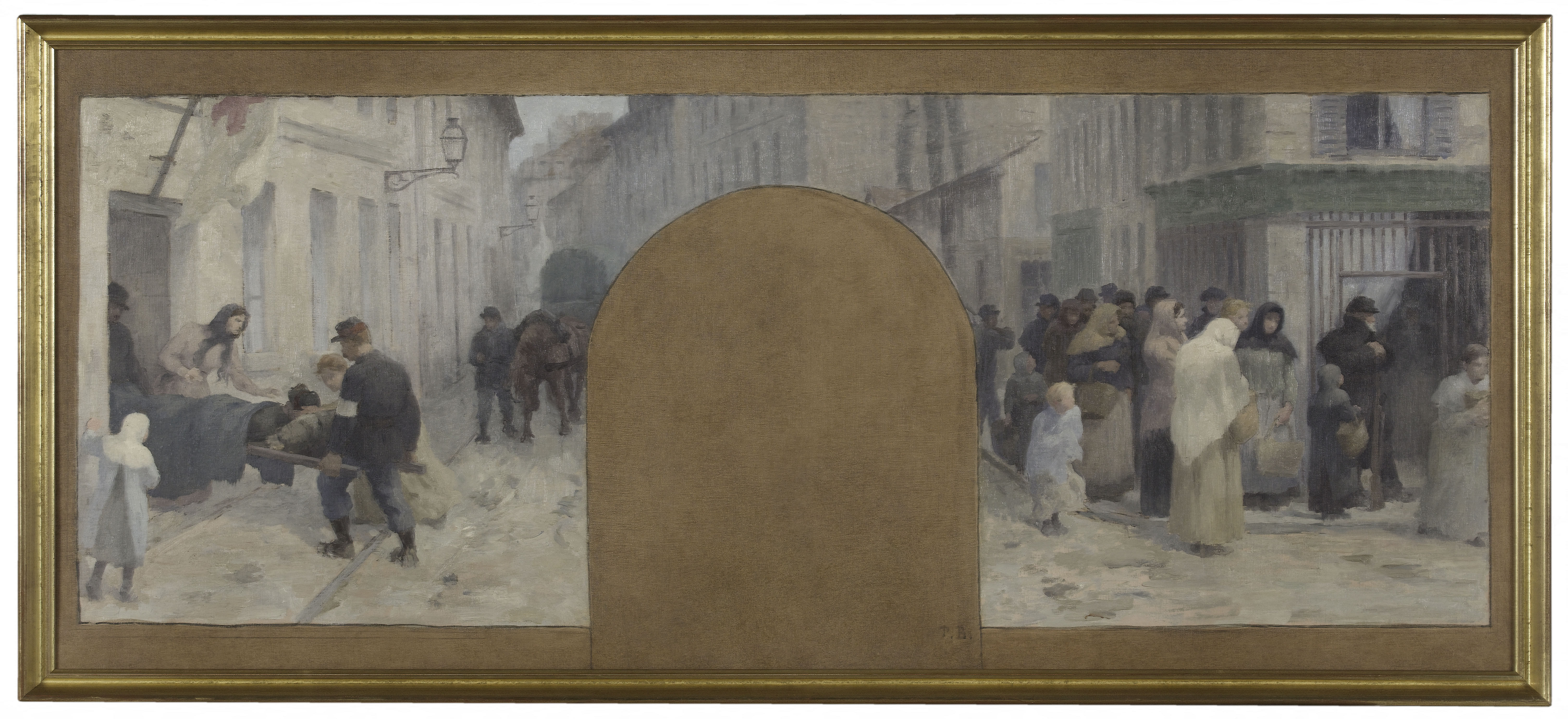 Paul-Albert Baudouin, Esquisse pour l'Hôtel de Ville de Paris, cabinet du préfet : Le transport des blessés à l'Ambulance. Les queues devant un magasin durant le siège de Paris en 1870