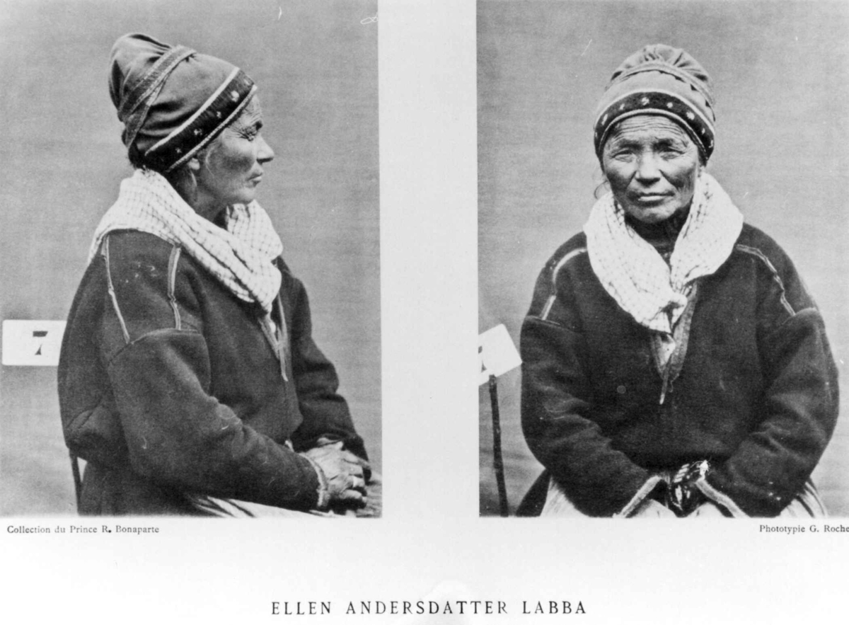 G. Roche, Roland Bonaparte sin samling. Portrett av Ellen Andersdotter Labba. Inngår i Bonapartes sameportretter som nr. 7. Bonaparte