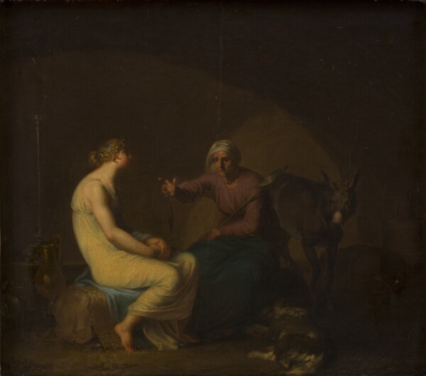 Nicolai Abildgaard, Røverbandens husholderske trøster den unge pige ved at fortælle myten om Amor og Psyche. Motiv fra Apulejus: Det gyldne æsel