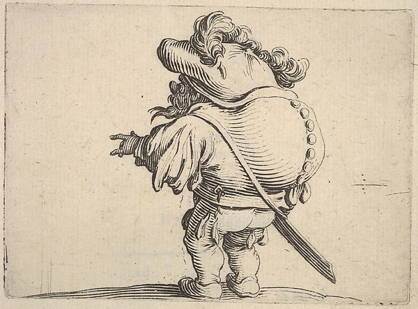Jacques Callot, Small male figure with outstreched left hand, seen from the back, which bulges, from "Varie Figure Gobbi"