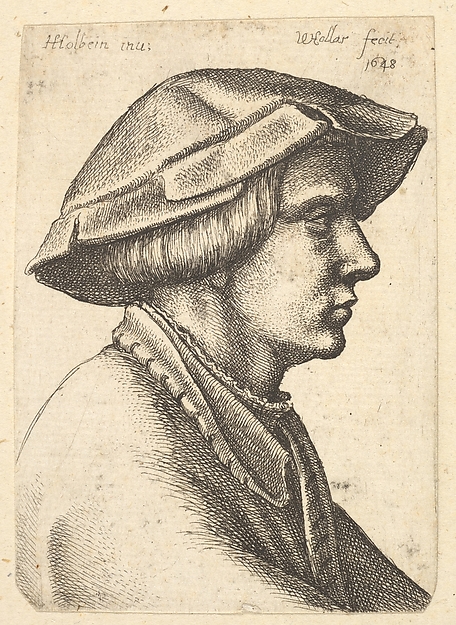 Wenceslaus Hollar, Head of young man wearing hat in profile to right