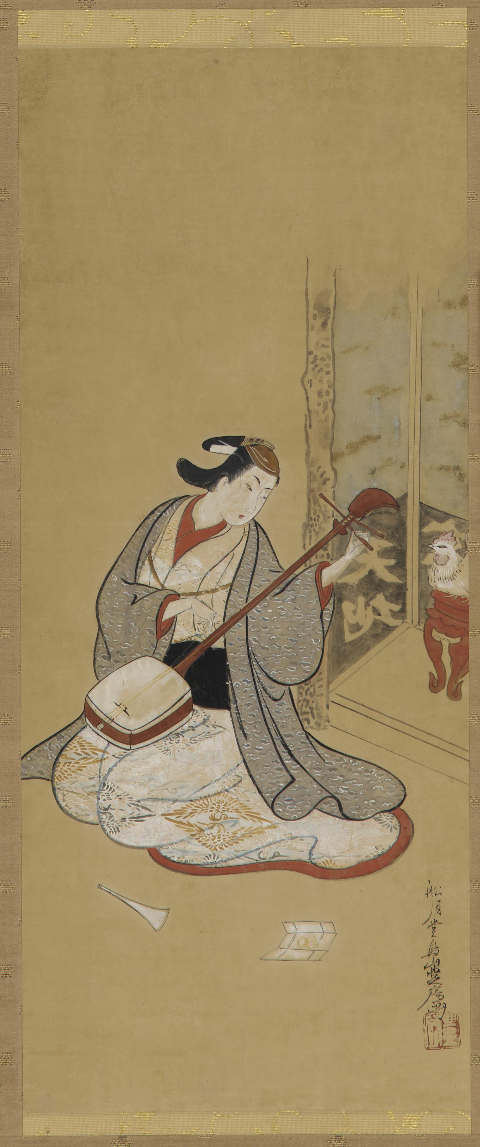 Toriyama Sekien, An actor in female dress stringing a samisen