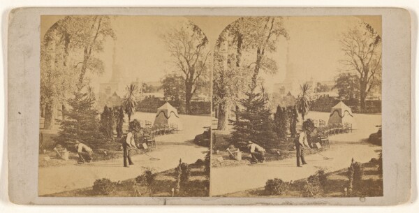 Unknown, [Men raking path in park]