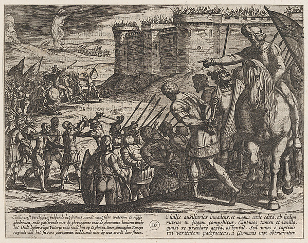 Antonio Tempesta, Plate 16: Roman Captives Before the Old Fortress, from "The War of the Romans Against the Batavians" (Romanorvm et Batavorvm societas)