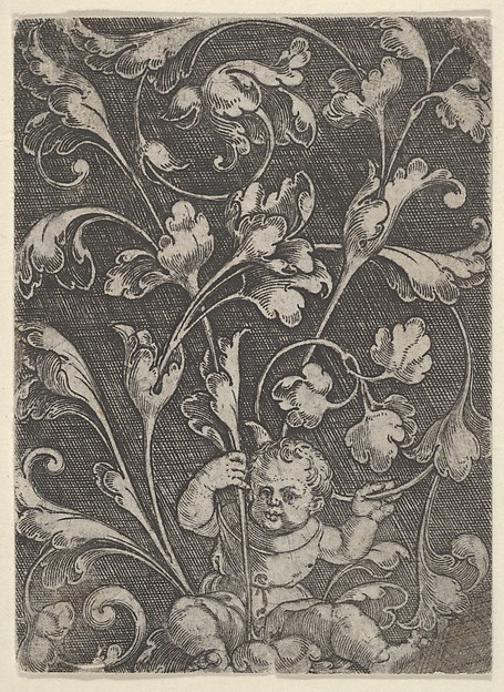 Heinrich Aldegrever, Vertical Panel with Tendrils Supported by a Seated Child