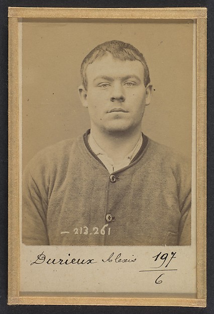 Alphonse Bertillon, Durieux. Aléxis, Alberic. 20 ans, né le 28/2/74 à Stains (Seine). Verrier. Vol. 24/1/94.