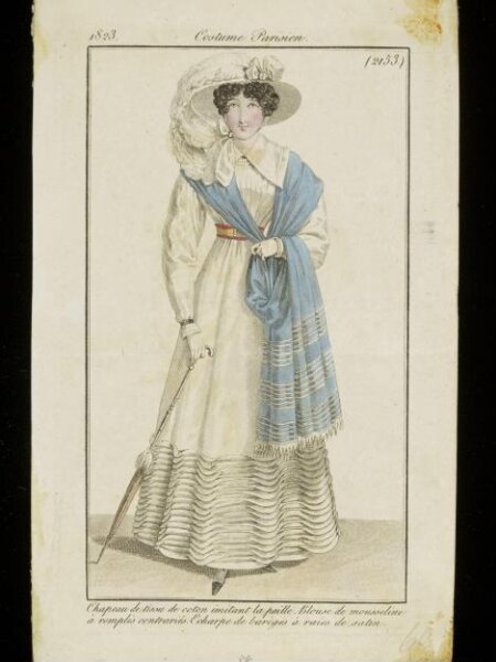 Unknown, Chapeau de tissu de coton imitant la paille. Blouse de mousseline à remplis contrariés. Echarpe de barèges à raies de satin.