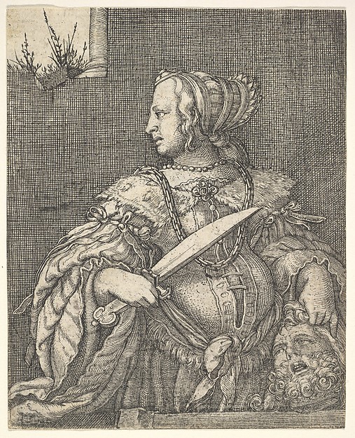 Barthel Beham, Judith, half-length and in profile to the left, a sword in her right hand and the head of Holofernes in her left hand, an open window at top left