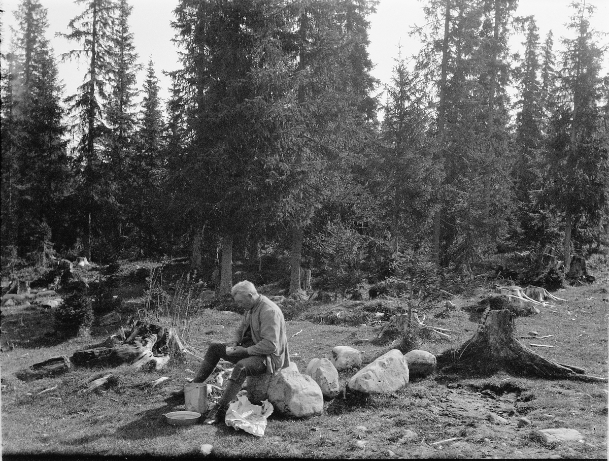 Ragnvald Andersen, Eksteriør, skog. Ukjent mann sitter på en stein. Skreller poteter?