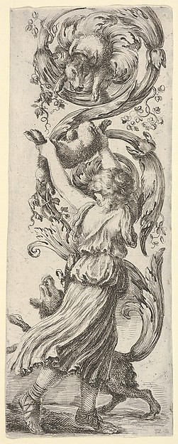 Stefano della Bella, A young girl, seen from behind, lifting a rabbit into the air for a dog above to grasp, another dog at her feet, from "Ornaments or Grotesques" (Ornamenti o Grottesche)
