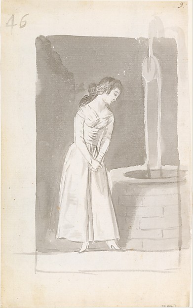 Goya (Francisco de Goya y Lucientes), A young woman looking into a well; folio 46 (verso) from the Madrid Album "B"