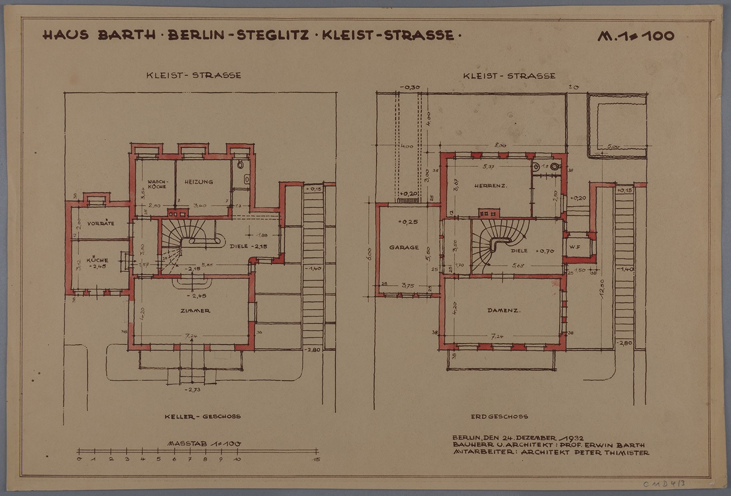 Erwin Barth (Gartenarchitekt), Berlin-Steglitz: Brentanostraße 68, Haus Barth, Kellergeschoss- und Erdgeschoss-Grundriss im Maßstab 1.100