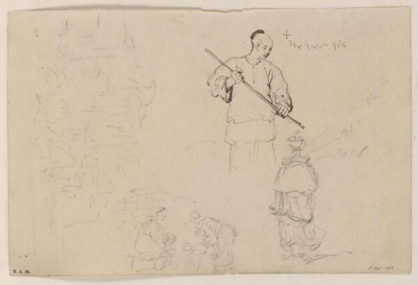 George Chinnery, Sketches of figures, including a Chinese man with a pole