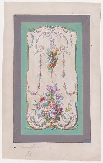 Anonymous, French, 19th century, Design for a Panel with a Large Bundle of Flowers and Leaves and a Hanging Thin Bundle Containing Gardening Tools Inside an Ornamental Frame Decorated with Thin Garlands of Flowers and Leaves