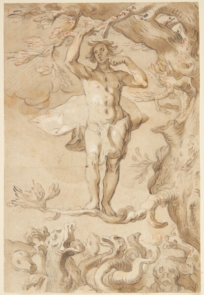 Abraham Bloemaert, Den menneskelige glædes skrøbelighed. En mand, der jages af en drage, klynger sig til en gren, mens han slikker honning af sin finger