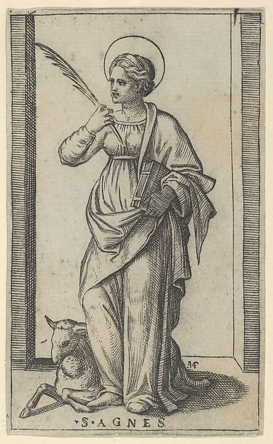 Marcantonio Raimondi, Saint Agnes standing a holding a palm in her right hand, a sheep lower left, from "Piccoli Santi" (Small Saints)