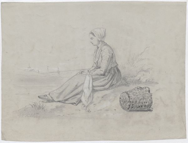 Kikkert, Jan Elias, (1843-1925), (artist), Woman sitting in the dunes, a basket at her side (verso: her foot repeated)