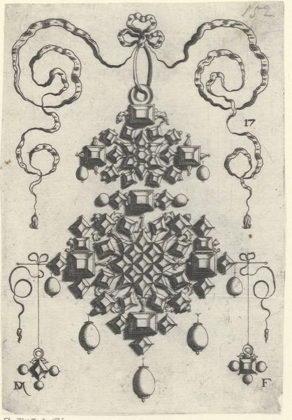 Mignot, Daniel, (active 1593-1596), (printmaker), Pendants with table-stones: Large double pendant with seven drops