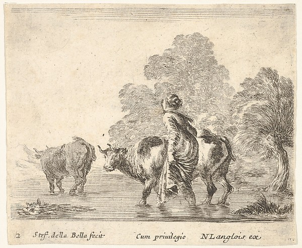 Stefano della Bella, Plate 2: a peasant woman herds two cows across a stream, walking towards the left, from "Diversi Capricci"