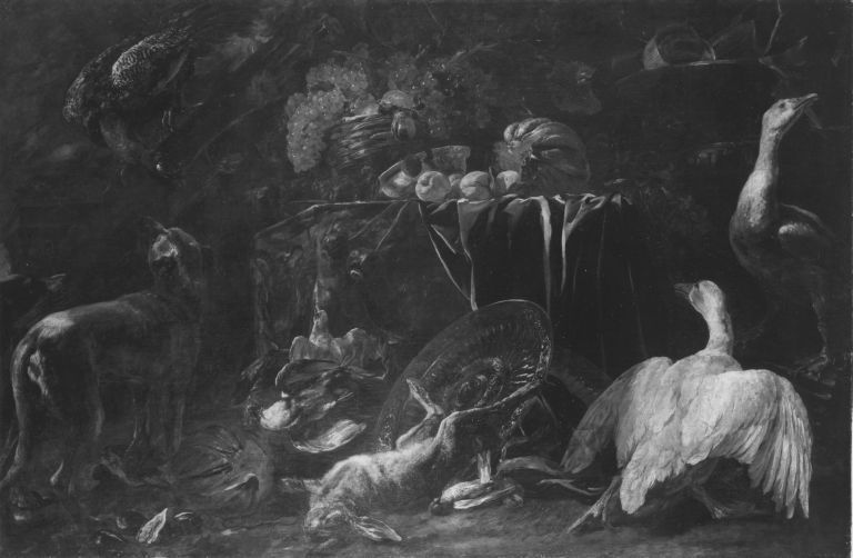 Pieter Boel, Stilleven met vruchten en een dode haas, omringd door levende dieren