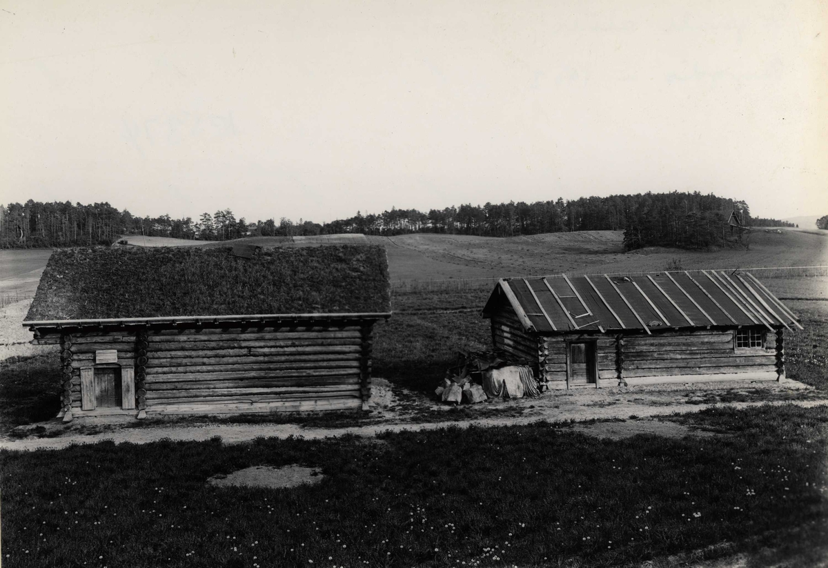 Narve Skarpmoen, Raulandstua (NF.021) og Grøslistua (NF.022) på Norsk Folkemuseum 1903. Åpne jorder, skog og en låve i bakgrunnen (det som nå er Hallingdal).