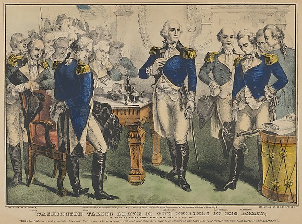 Nathaniel Currier, Washington Taking Leave of the Officers of His Army at Fraunces Tavern, Broad Street, New York, December 4th, 1783: "With a heart full of love and gratitude, I now take leave of you. I most devoutly wish that your latter days may be as prosperous and happy, as your former ones have been glorious an…