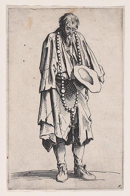 Jacques Callot, Le Mendaint au Rosaire (The Beggar with a Rosary), from "Les Gueux suite appelée aussi Les Mendiants, Les Baroni, ou Les Barons" (The Beggars, also called the Barons)