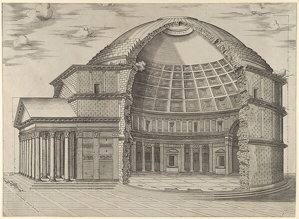 Anonymous, Reconstruction of the Pantheon in Rome, seen from the side, cut away to reveal the interior