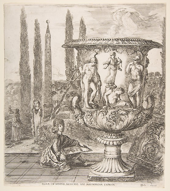 Stefano della Bella, The Medici vase, a large vase to right decorated with a representation of the sacrifice of Iphigenia, on a garden terrace, a teenage boy seated to left with a pen and paper with a drawing of the vase, cyprus trees and an obelisk to left in the background, from "Six large views, four of Rome, and tw…