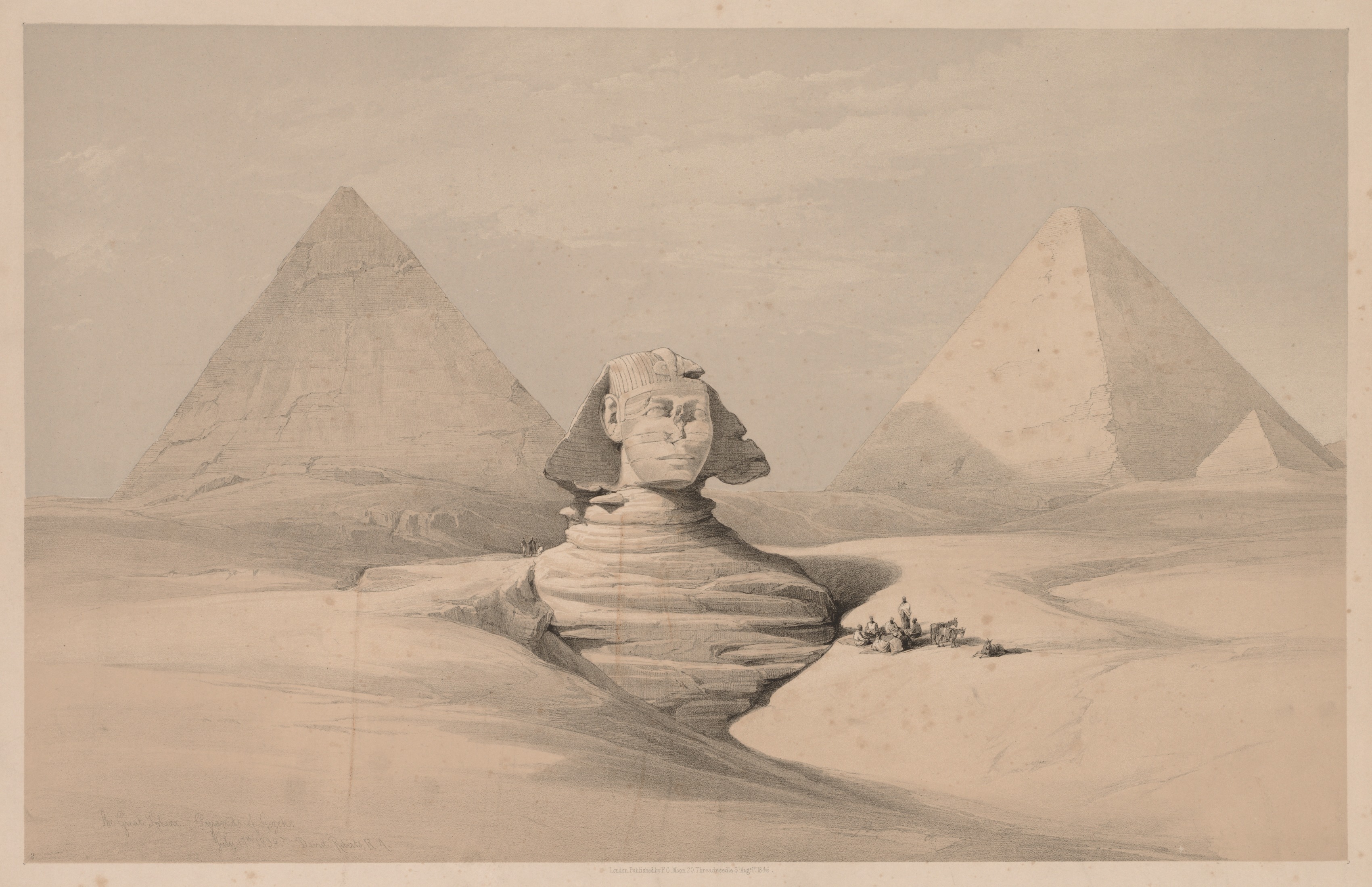 Louis Haghe, Egypt and Nubia:  Volume I - No. 18, The Great Sphinx, Pyramids of Gizeh, Front View
