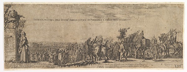 Stefano della Bella, Plate 1: The Entrance of the Polish Ambassador into Rome, the Medici coat of arms at left