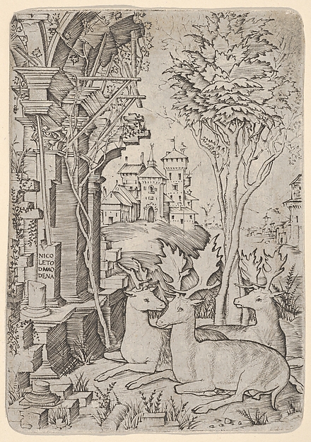 Nicoletto da Modena, Three Stags, sitting in the ground, buildings in background