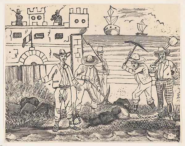 José Guadalupe Posada, A group of prisoners engaged in manual labor, from a broadside entitled "Ultimas noticias de Gerardo Nevraumont y compañeros'