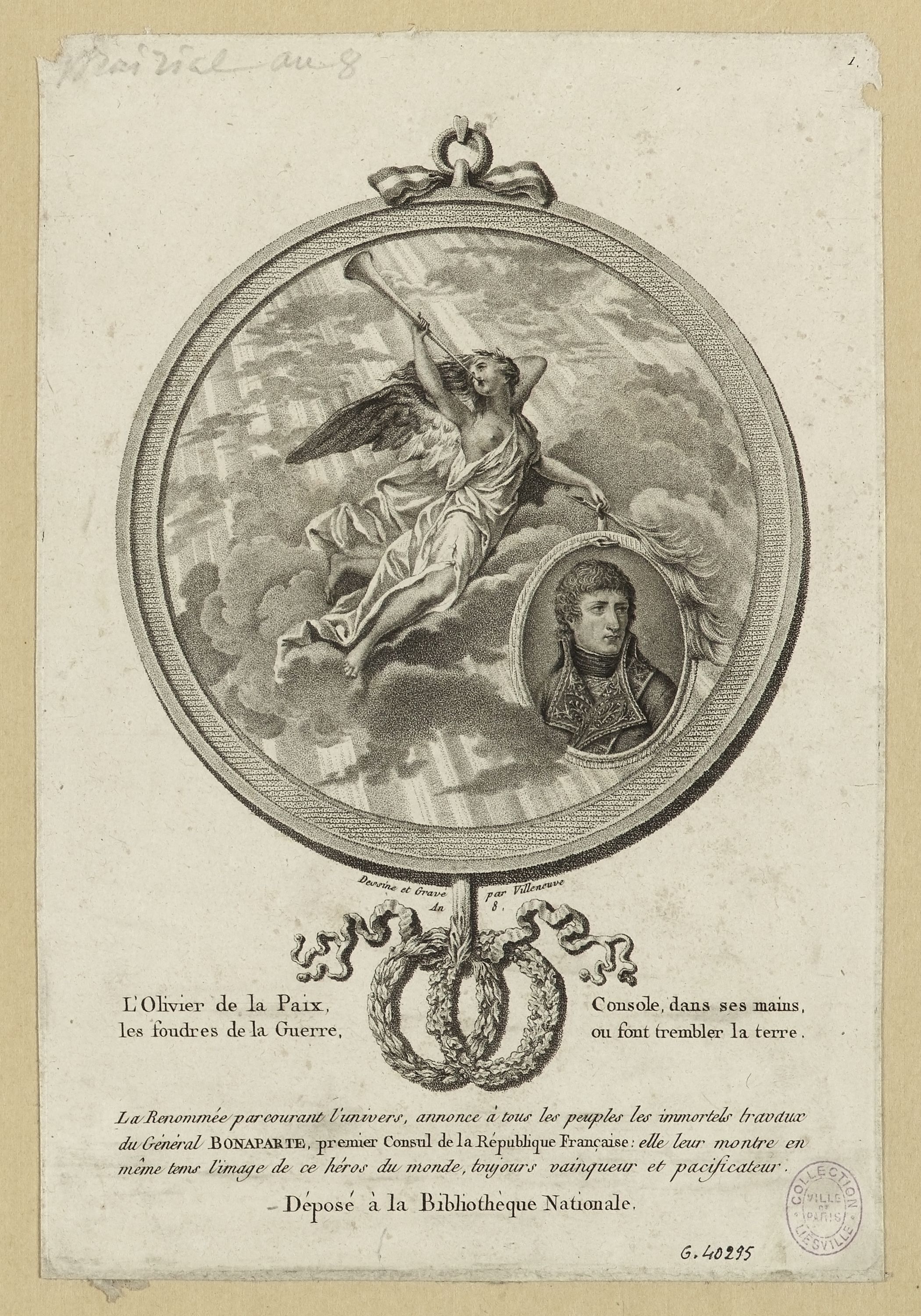 Inconnu, Médaillon allégorique avec une Renommée couronnant de palme le portrait de Bonaparte. En-dessous, de part et d’autre de deux couronnes de feuillage entrelacées, deux vers d’éloge, et explication de l’allégorie, 1800