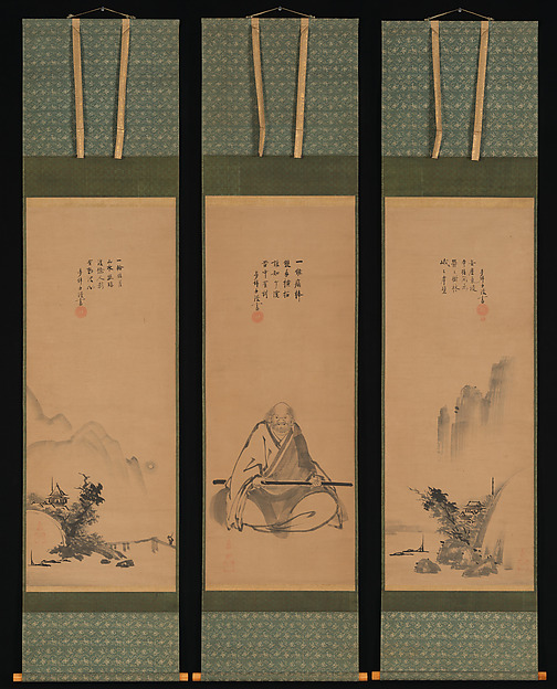 Unkoku Tōeki, Zen Master with Meditation Staff, and Chinese-Style Landscapes
