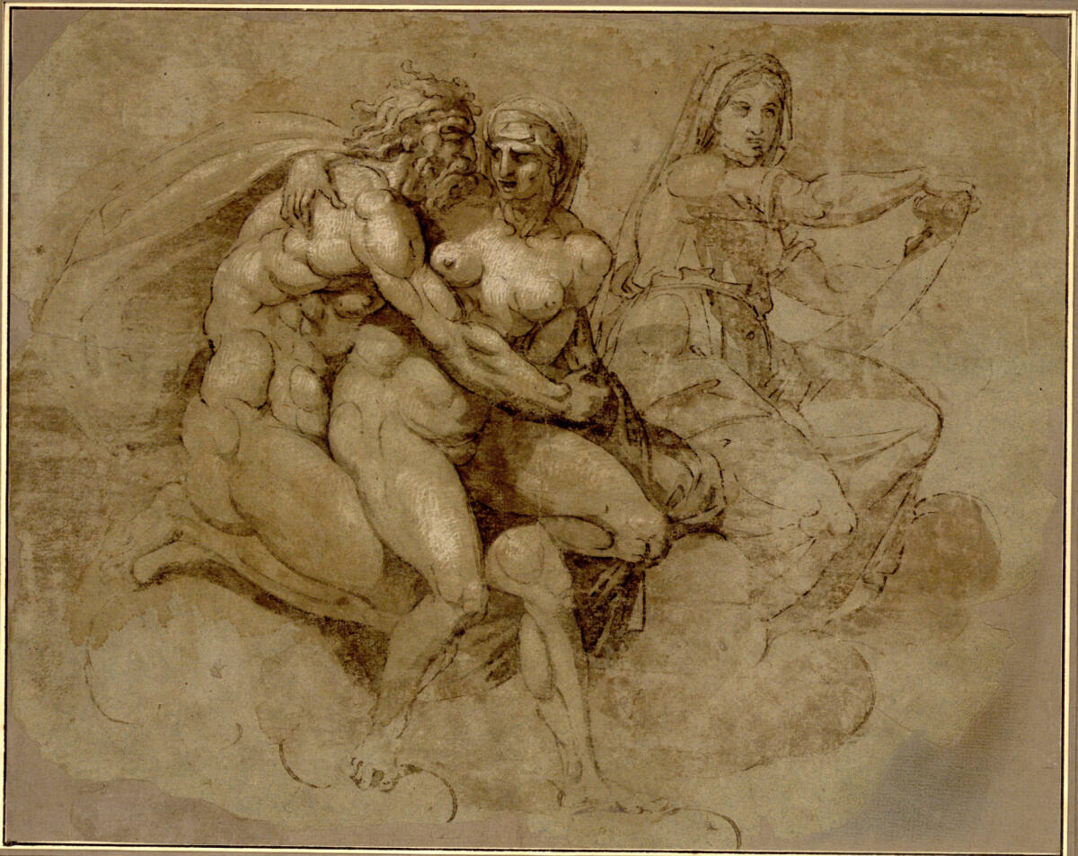 Anonym, Alter Gott und Göttin. (Erotisches Symplegma auf Wolken; im Hintergrund eine weibliche Gestalt mit einer Schriftrolle in beiden Händen, die an die delphische Sibylle Michelangelos der Sixtina erinnert)