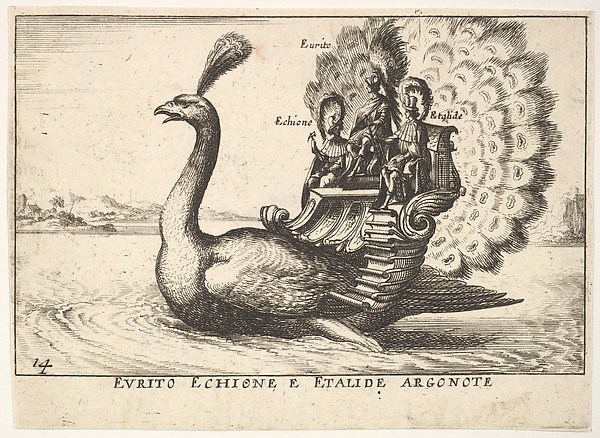 Anonymous, Plate 14: The Argonauts Eurytus, Echion, and Aethalides (Eurito Echione e Etalide Argonote), led by Mercury in the form of a peacock, from "The magnificent pageant on the river Arno in Florence for the marriage of the Grand Duke" (Le Magnifique carousel fait sur le fleuve de l'Arne a Florence, pour…