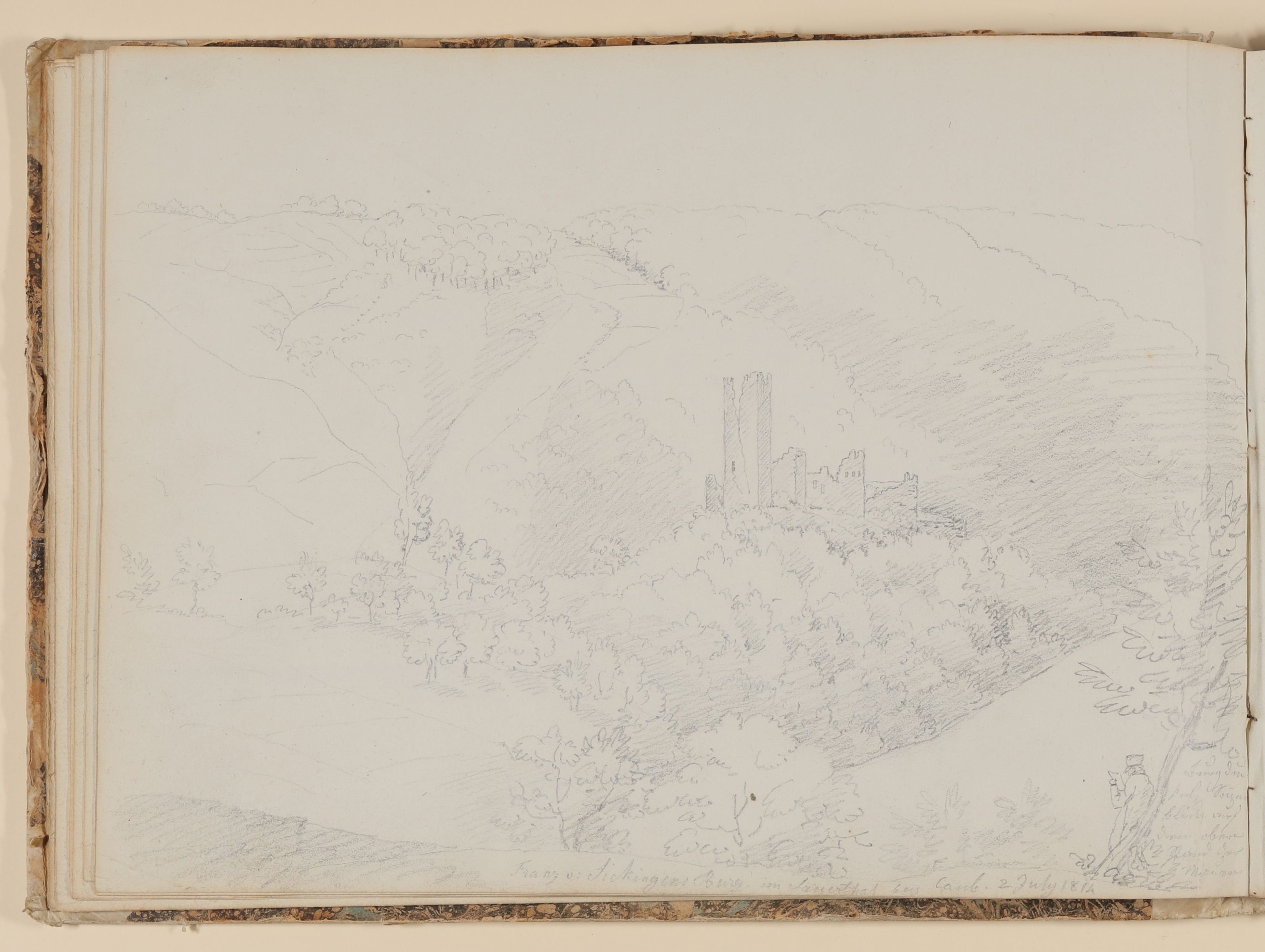 Rosette Städel, Die Ruine von Burg Sauerburg im Sauerthal nahe Kaub [aus einem Skizzenbuch der Rosette Städel, Blatt 19v]